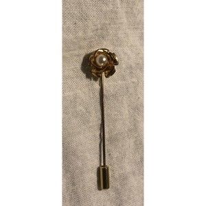 VINTAGE GOLD TONE AND FAUX PEARL FLOWER STRAIGHT STICK HAT PIN